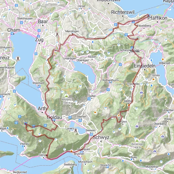 Mapa miniatúra "Gravel Route around Freienbach" cyklistická inšpirácia v Zentralschweiz, Switzerland. Vygenerované cyklistickým plánovačom trás Tarmacs.app