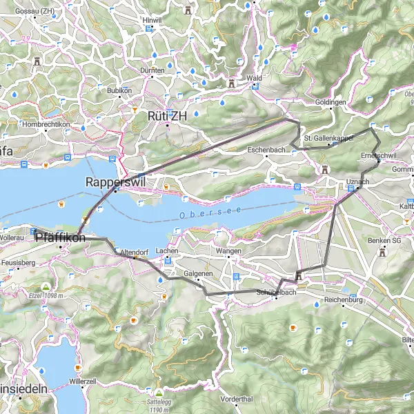 Miniatua del mapa de inspiración ciclista "Recorrido en carretera Rapperswil - Pfäffikon" en Zentralschweiz, Switzerland. Generado por Tarmacs.app planificador de rutas ciclistas