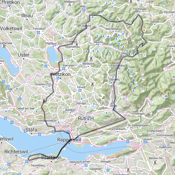 Miniatura della mappa di ispirazione al ciclismo "Giro dei Laghi del Canton Zurigo" nella regione di Zentralschweiz, Switzerland. Generata da Tarmacs.app, pianificatore di rotte ciclistiche