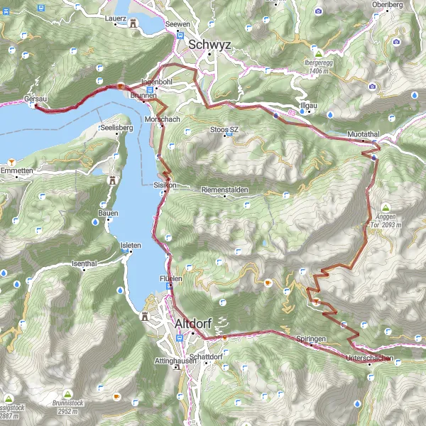 Map miniature of "Gravel Adventure through Muotathal" cycling inspiration in Zentralschweiz, Switzerland. Generated by Tarmacs.app cycling route planner
