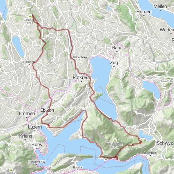 Miniaturní mapa "Náročná cyklotrasa kolem Lindenbergu" inspirace pro cyklisty v oblasti Zentralschweiz, Switzerland. Vytvořeno pomocí plánovače tras Tarmacs.app