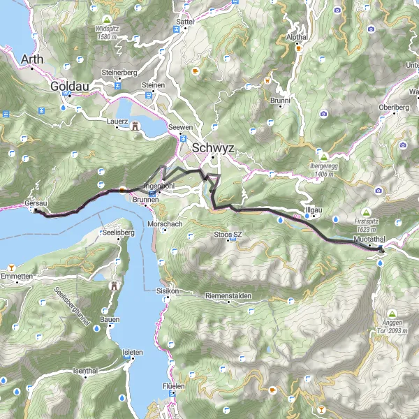 Mapa miniatúra "Cykloprojazd okolo jazera Lauerz z Gersau" cyklistická inšpirácia v Zentralschweiz, Switzerland. Vygenerované cyklistickým plánovačom trás Tarmacs.app