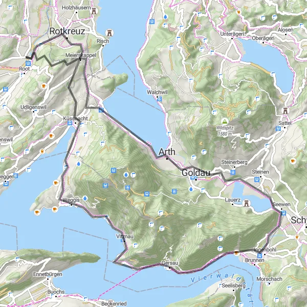 Miniatuurkaart van de fietsinspiratie "Rondrit vanuit Gersau naar Vitznau en Arth" in Zentralschweiz, Switzerland. Gemaakt door de Tarmacs.app fietsrouteplanner