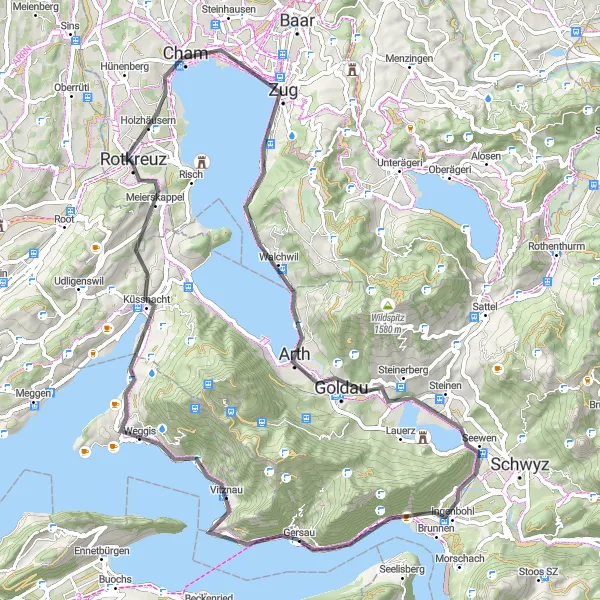 Kartminiatyr av "Runt Gersau via Zug" cykelinspiration i Zentralschweiz, Switzerland. Genererad av Tarmacs.app cykelruttplanerare