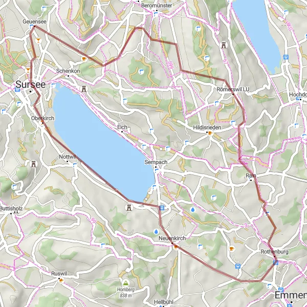 Miniatura della mappa di ispirazione al ciclismo "Giro in Gravel attraverso Blosenberg e Rothenburg" nella regione di Zentralschweiz, Switzerland. Generata da Tarmacs.app, pianificatore di rotte ciclistiche