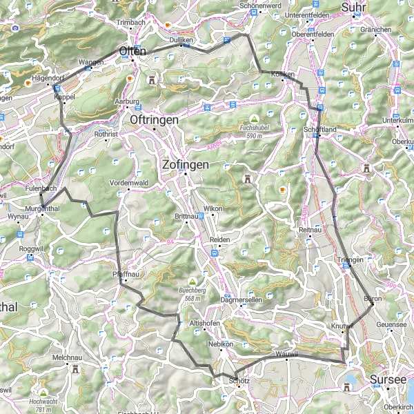 Miniaturní mapa "Cyklostezka Knutwil - Büron" inspirace pro cyklisty v oblasti Zentralschweiz, Switzerland. Vytvořeno pomocí plánovače tras Tarmacs.app