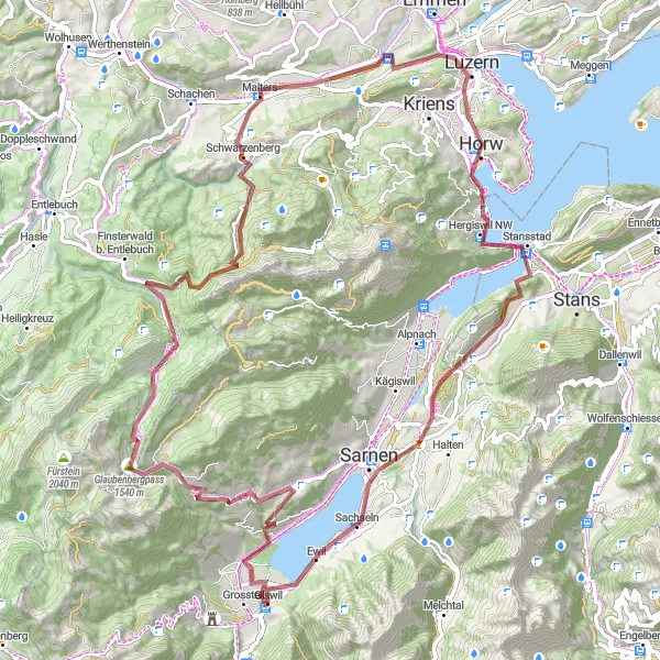 Miniatuurkaart van de fietsinspiratie "Avontuurlijke Gravelroute naar Kerns en Ewil" in Zentralschweiz, Switzerland. Gemaakt door de Tarmacs.app fietsrouteplanner