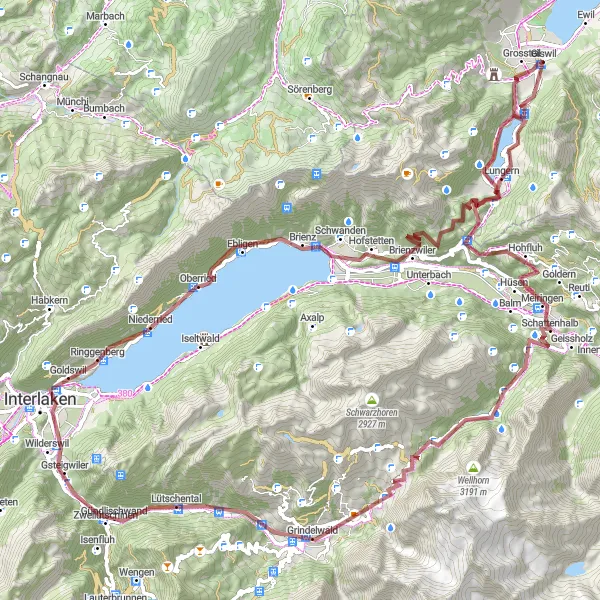 Miniatura mapy "Szlak gravelowy z Giswil przez Lungern do Grindelwald" - trasy rowerowej w Zentralschweiz, Switzerland. Wygenerowane przez planer tras rowerowych Tarmacs.app