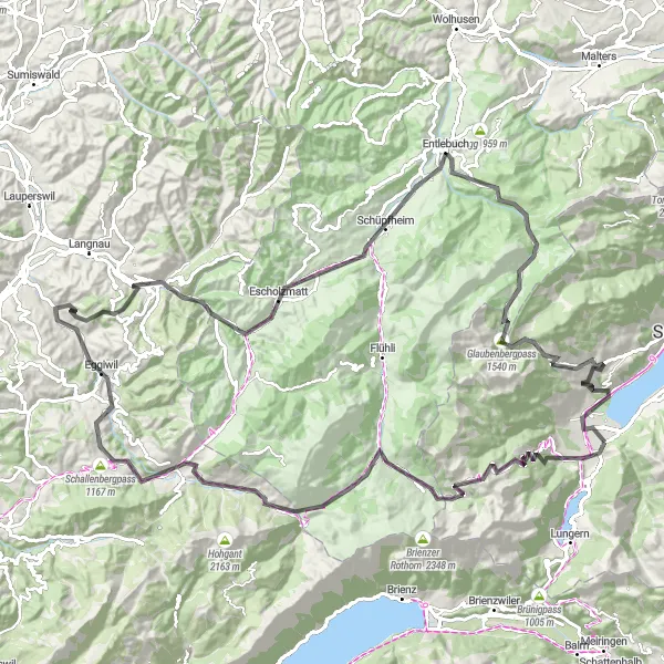 Miniature de la carte de l'inspiration cycliste "Aventure Challenge de Zentralschweiz" dans la Zentralschweiz, Switzerland. Générée par le planificateur d'itinéraire cycliste Tarmacs.app