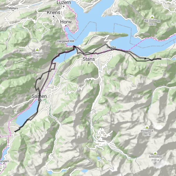 Karttaminiaatyyri "Pyöräily ympäri Sarnersee-järven" pyöräilyinspiraatiosta alueella Zentralschweiz, Switzerland. Luotu Tarmacs.app pyöräilyreittisuunnittelijalla