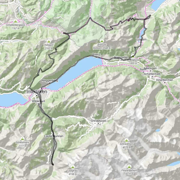 Mapa miniatúra "Cyklotúra cez Brünigpass a Lauterbrunnen" cyklistická inšpirácia v Zentralschweiz, Switzerland. Vygenerované cyklistickým plánovačom trás Tarmacs.app