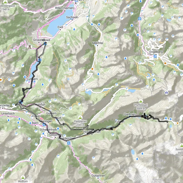 Miniatura della mappa di ispirazione al ciclismo "Giro in bicicletta stradale intorno a Giswil" nella regione di Zentralschweiz, Switzerland. Generata da Tarmacs.app, pianificatore di rotte ciclistiche