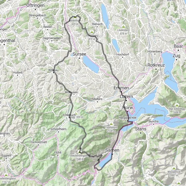 Kartminiatyr av "Wolhusen - Willisau - Lucerne Circuit" sykkelinspirasjon i Zentralschweiz, Switzerland. Generert av Tarmacs.app sykkelrutoplanlegger