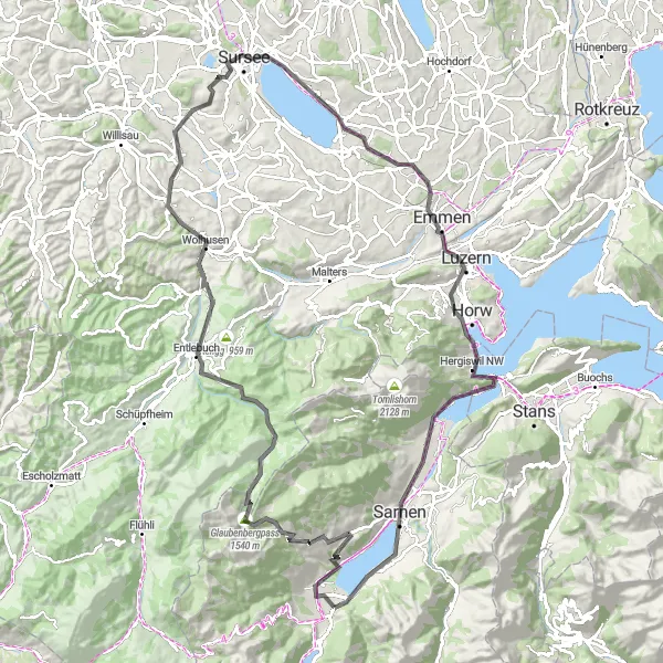 Kartminiatyr av "Borgen og Innsjøen" sykkelinspirasjon i Zentralschweiz, Switzerland. Generert av Tarmacs.app sykkelrutoplanlegger