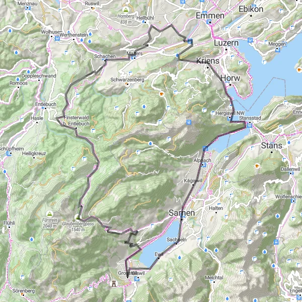 Miniatura della mappa di ispirazione al ciclismo "Giswil - Hergiswil NW" nella regione di Zentralschweiz, Switzerland. Generata da Tarmacs.app, pianificatore di rotte ciclistiche