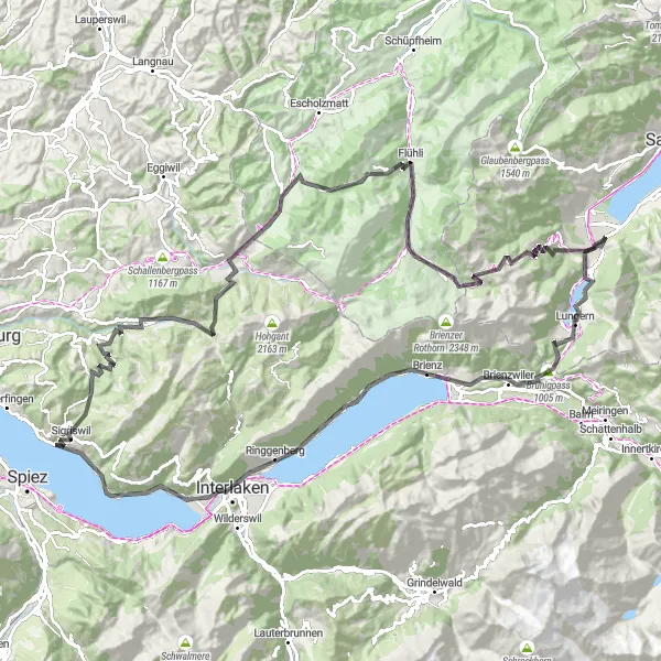 Kartminiatyr av "Utfordrende sykkeltur gjennom Berner Oberland" sykkelinspirasjon i Zentralschweiz, Switzerland. Generert av Tarmacs.app sykkelrutoplanlegger