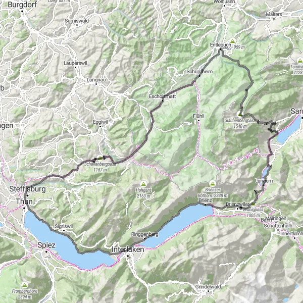 Karten-Miniaturansicht der Radinspiration "Rundfahrt über Brünigpass und Thun" in Zentralschweiz, Switzerland. Erstellt vom Tarmacs.app-Routenplaner für Radtouren