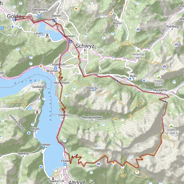 Miniaturní mapa "Challenging gravel loop from Goldau to Mythenblick" inspirace pro cyklisty v oblasti Zentralschweiz, Switzerland. Vytvořeno pomocí plánovače tras Tarmacs.app