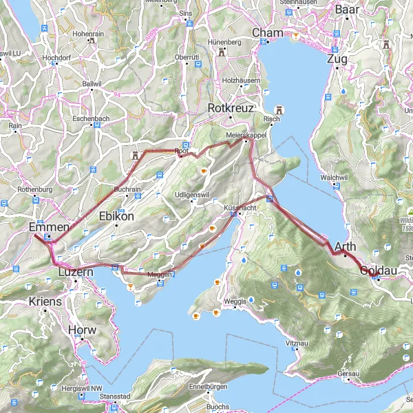 Karttaminiaatyyri "Gravel-seikkailu Zürichin ympäri" pyöräilyinspiraatiosta alueella Zentralschweiz, Switzerland. Luotu Tarmacs.app pyöräilyreittisuunnittelijalla