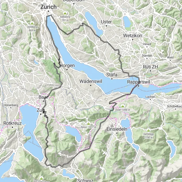 Miniaturekort af cykelinspirationen "Cykeltur til Zürich og Grüningen" i Zentralschweiz, Switzerland. Genereret af Tarmacs.app cykelruteplanlægger