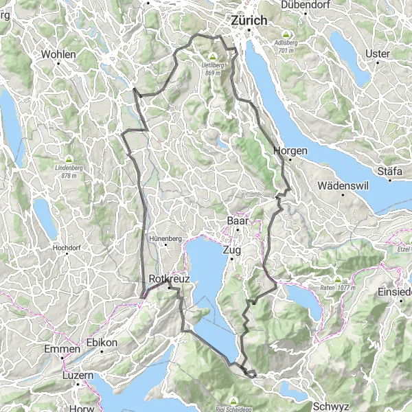 Mapa miniatúra "Trasa cez Bärenfenster a Hirzel Höchi" cyklistická inšpirácia v Zentralschweiz, Switzerland. Vygenerované cyklistickým plánovačom trás Tarmacs.app