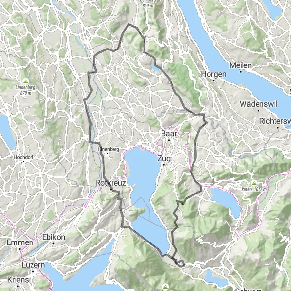 Miniatura della mappa di ispirazione al ciclismo "Tour su Strada intorno a Goldau" nella regione di Zentralschweiz, Switzerland. Generata da Tarmacs.app, pianificatore di rotte ciclistiche