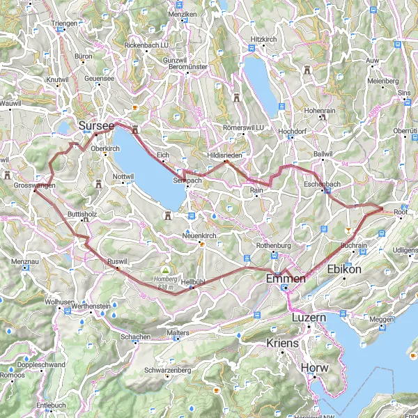 Miniatuurkaart van de fietsinspiratie "Gravelroute rond Grosswangen" in Zentralschweiz, Switzerland. Gemaakt door de Tarmacs.app fietsrouteplanner