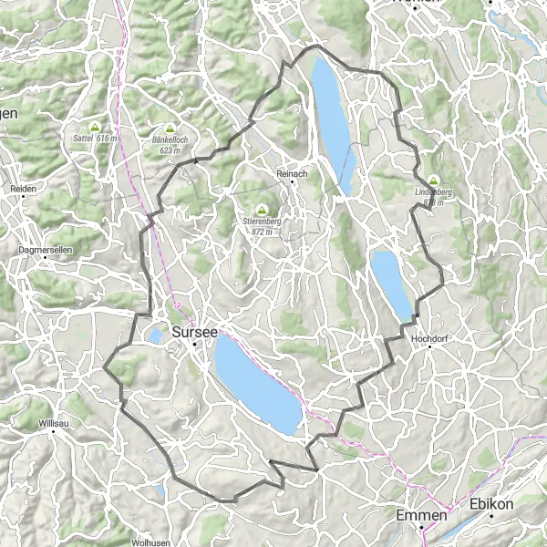 Zemljevid v pomanjšavi "Grosswangen - Knutwil - Foto-Točka Schloss Hallwyl - Seengen - Bettwil - Lindenberg - Flutmulde - Hildisrieden - Mittler Schwerzi - Ruswil - Grosswangen (Asphalt)" kolesarske inspiracije v Zentralschweiz, Switzerland. Generirano z načrtovalcem kolesarskih poti Tarmacs.app