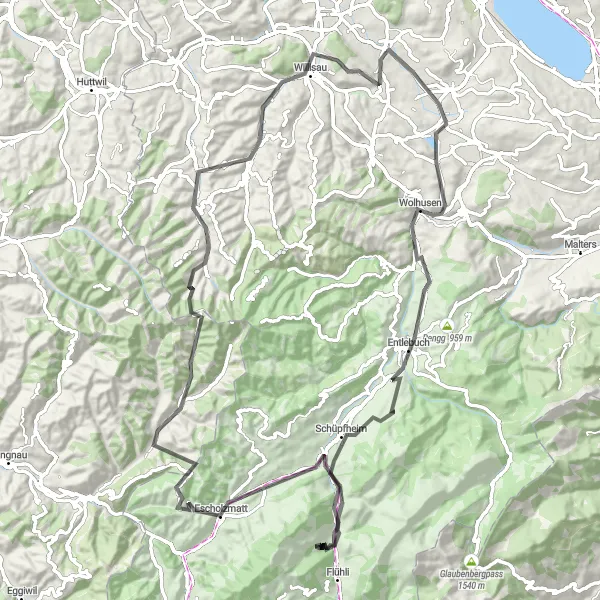 Miniaturekort af cykelinspirationen "Udforsk Entlebuch på landevejscykel" i Zentralschweiz, Switzerland. Genereret af Tarmacs.app cykelruteplanlægger