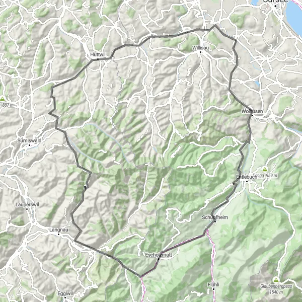 Zemljevid v pomanjšavi "Povezava Menznau Huttwil Bisig Alberswil" kolesarske inspiracije v Zentralschweiz, Switzerland. Generirano z načrtovalcem kolesarskih poti Tarmacs.app