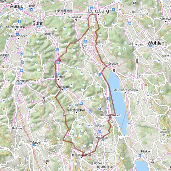 Miniaturní mapa "Kolem Staufen a Menziken" inspirace pro cyklisty v oblasti Zentralschweiz, Switzerland. Vytvořeno pomocí plánovače tras Tarmacs.app