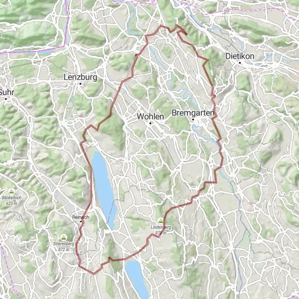 Map miniature of "The Lakes and Hills Gravel Loop" cycling inspiration in Zentralschweiz, Switzerland. Generated by Tarmacs.app cycling route planner