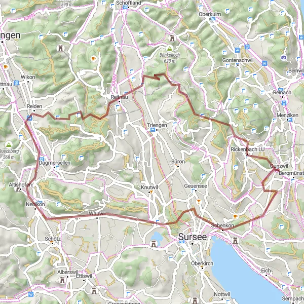 Miniaturní mapa "Gravel Bike Route near Gunzwil" inspirace pro cyklisty v oblasti Zentralschweiz, Switzerland. Vytvořeno pomocí plánovače tras Tarmacs.app