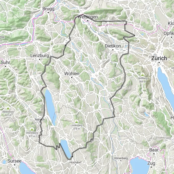Miniaturní mapa "Náročná cesta kolem Baldeggersee a Regensdorf" inspirace pro cyklisty v oblasti Zentralschweiz, Switzerland. Vytvořeno pomocí plánovače tras Tarmacs.app