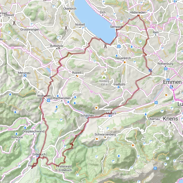Map miniature of "Hasle to Lake Sempach Loop" cycling inspiration in Zentralschweiz, Switzerland. Generated by Tarmacs.app cycling route planner