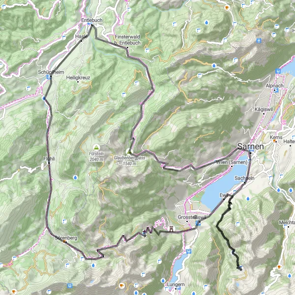 Miniatura della mappa di ispirazione al ciclismo "Tour panoramico intorno a Sarnen" nella regione di Zentralschweiz, Switzerland. Generata da Tarmacs.app, pianificatore di rotte ciclistiche