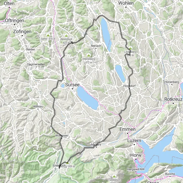 Map miniature of "Castle Tour: Hasle to Menznau to Knutwil to Foto-Spot Schloss Hallwyl to Seengen to Lindenberg to Hochdorf to Malters to Rengg to Entlebuch" cycling inspiration in Zentralschweiz, Switzerland. Generated by Tarmacs.app cycling route planner
