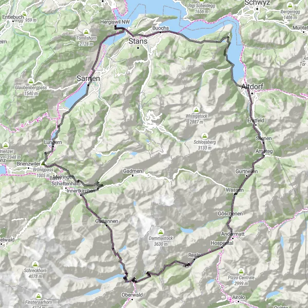 Miniatua del mapa de inspiración ciclista "Desafío en Carretera a Gelmerbahn" en Zentralschweiz, Switzerland. Generado por Tarmacs.app planificador de rutas ciclistas