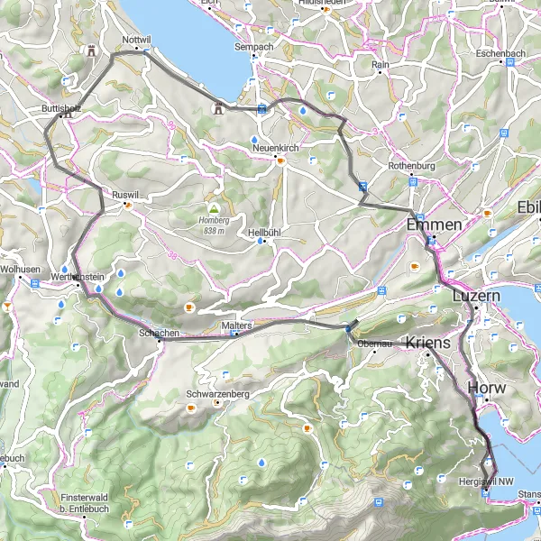 Map miniature of "Cultural Road Loop via Kriens" cycling inspiration in Zentralschweiz, Switzerland. Generated by Tarmacs.app cycling route planner