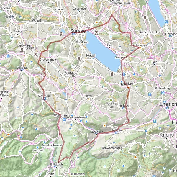 Miniature de la carte de l'inspiration cycliste "Le Tour de Hildisrieden via Malters, Rengg et Wolhusen" dans la Zentralschweiz, Switzerland. Générée par le planificateur d'itinéraire cycliste Tarmacs.app