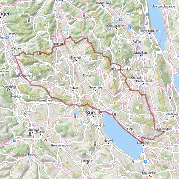 Miniatua del mapa de inspiración ciclista "Ruta de ciclismo de gravilla a Reitnau y Hildisrieden" en Zentralschweiz, Switzerland. Generado por Tarmacs.app planificador de rutas ciclistas