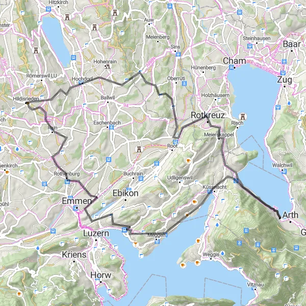 Zemljevid v pomanjšavi "Kolesarska pot okoli Hildisriedna (cesta)" kolesarske inspiracije v Zentralschweiz, Switzerland. Generirano z načrtovalcem kolesarskih poti Tarmacs.app