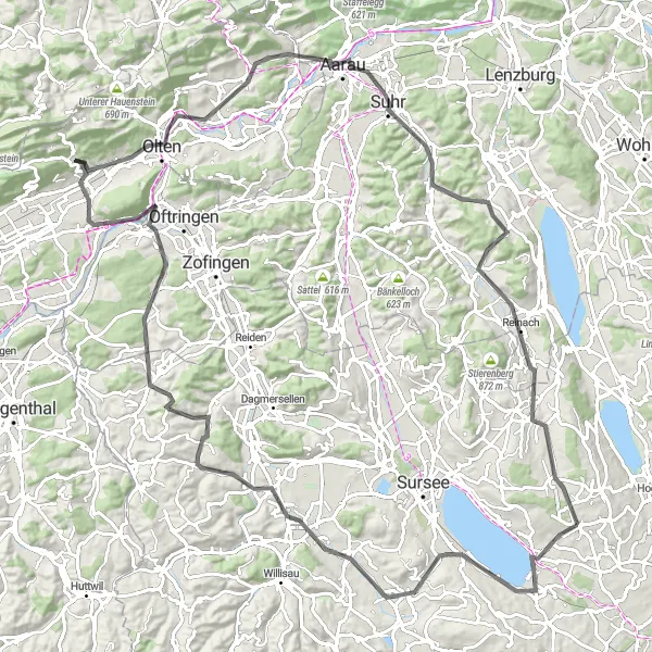 Karttaminiaatyyri "Tiepyöräily Sempachista Olteniin" pyöräilyinspiraatiosta alueella Zentralschweiz, Switzerland. Luotu Tarmacs.app pyöräilyreittisuunnittelijalla