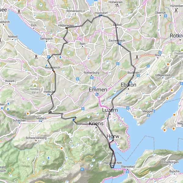 Miniatuurkaart van de fietsinspiratie "Fietstocht langs de natuurpracht van Centraal-Zwitserland" in Zentralschweiz, Switzerland. Gemaakt door de Tarmacs.app fietsrouteplanner