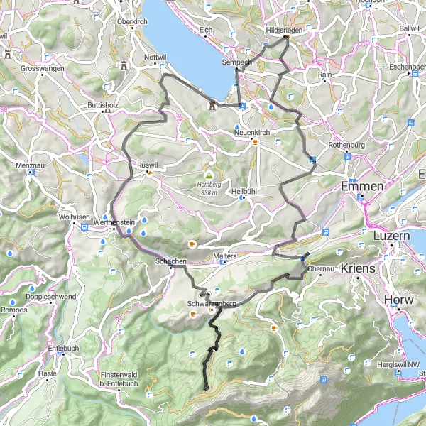 Map miniature of "Challenging Adventure in Hildisrieden" cycling inspiration in Zentralschweiz, Switzerland. Generated by Tarmacs.app cycling route planner