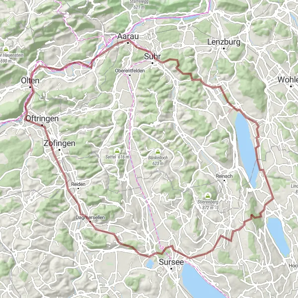 Miniatura della mappa di ispirazione al ciclismo "Percorso in gravels attraverso Beromünster, Blosenberg e Wauwil" nella regione di Zentralschweiz, Switzerland. Generata da Tarmacs.app, pianificatore di rotte ciclistiche