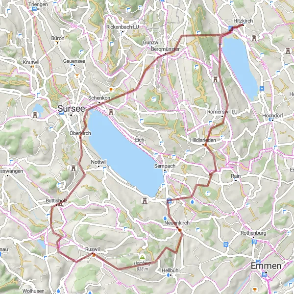 Zemljevid v pomanjšavi "Gravelna avantura okoli Hitzkircha" kolesarske inspiracije v Zentralschweiz, Switzerland. Generirano z načrtovalcem kolesarskih poti Tarmacs.app