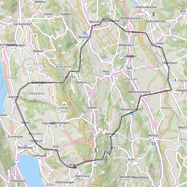 Kartminiatyr av "Landsvägscykling till Beinwil" cykelinspiration i Zentralschweiz, Switzerland. Genererad av Tarmacs.app cykelruttplanerare