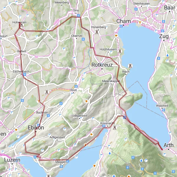 Mapa miniatúra "Gravelová cyklotrasa cez Zentralschweiz" cyklistická inšpirácia v Zentralschweiz, Switzerland. Vygenerované cyklistickým plánovačom trás Tarmacs.app