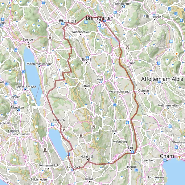 Map miniature of "Flutmulde gravel loop" cycling inspiration in Zentralschweiz, Switzerland. Generated by Tarmacs.app cycling route planner